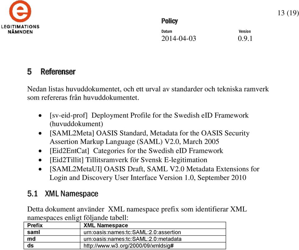 0, March 2005 [Eid2EntCat] Categories for the Swedish eid Framework [Eid2Tillit] Tillitsramverk för Svensk E-legitimation [SAML2MetaUI] OASIS Draft, SAML V2.