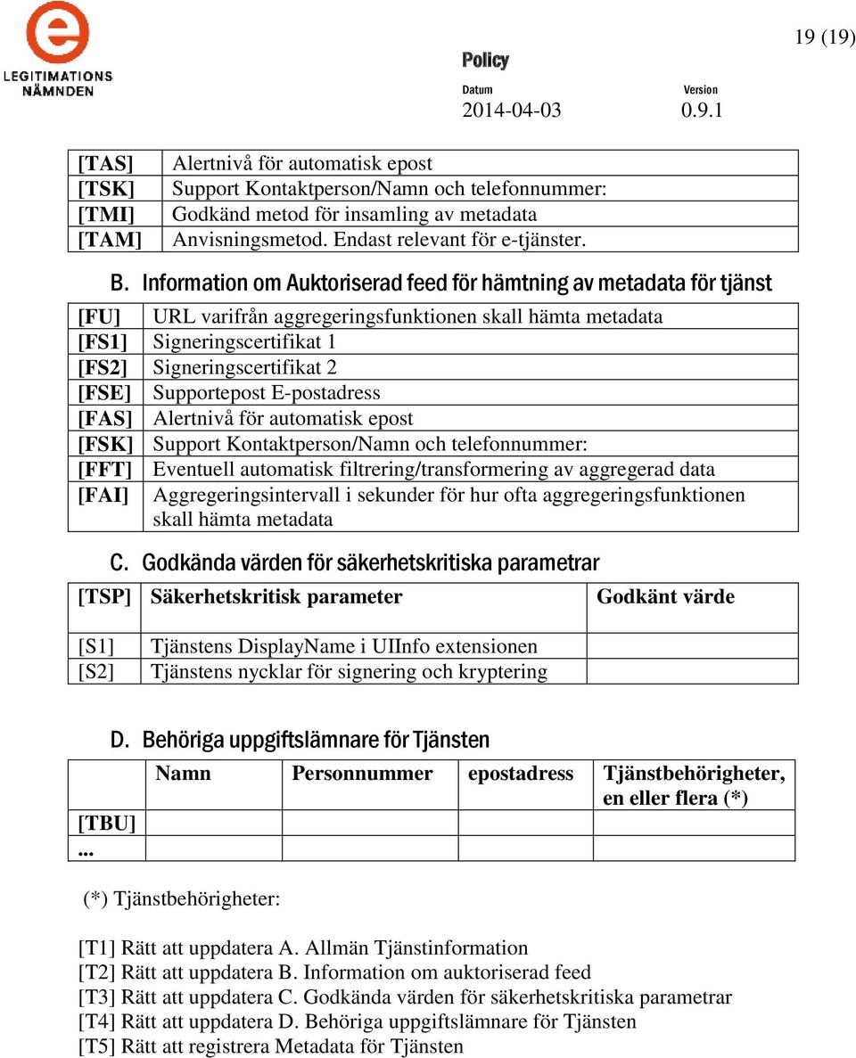 Supportepost E-postadress [FAS] Alertnivå för automatisk epost [FSK] Support Kontaktperson/Namn och telefonnummer: [FFT] Eventuell automatisk filtrering/transformering av aggregerad data [FAI]