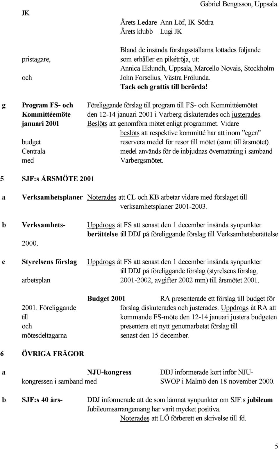 g Program FS- och Föreliggande förslag till program till FS- och Kommittéemötet Kommittéemöte den 12-14 januari 2001 i Varberg diskuterades och justerades.