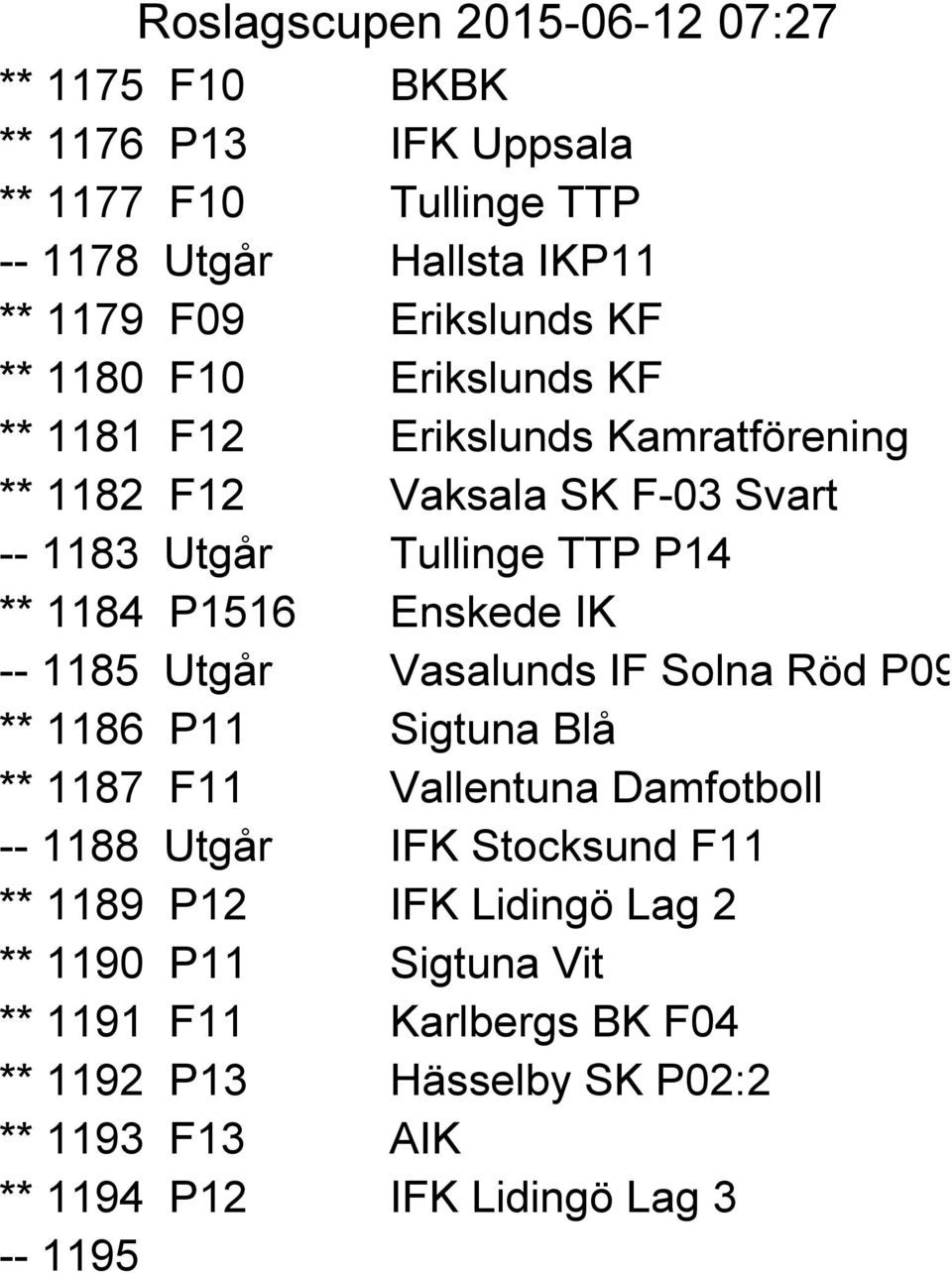 Utgår Vasalunds IF Solna Röd P09 ** 1186 P11 Sigtuna Blå ** 1187 F11 Vallentuna Damfotboll -- 1188 Utgår IFK Stocksund F11 ** 1189 P12 IFK