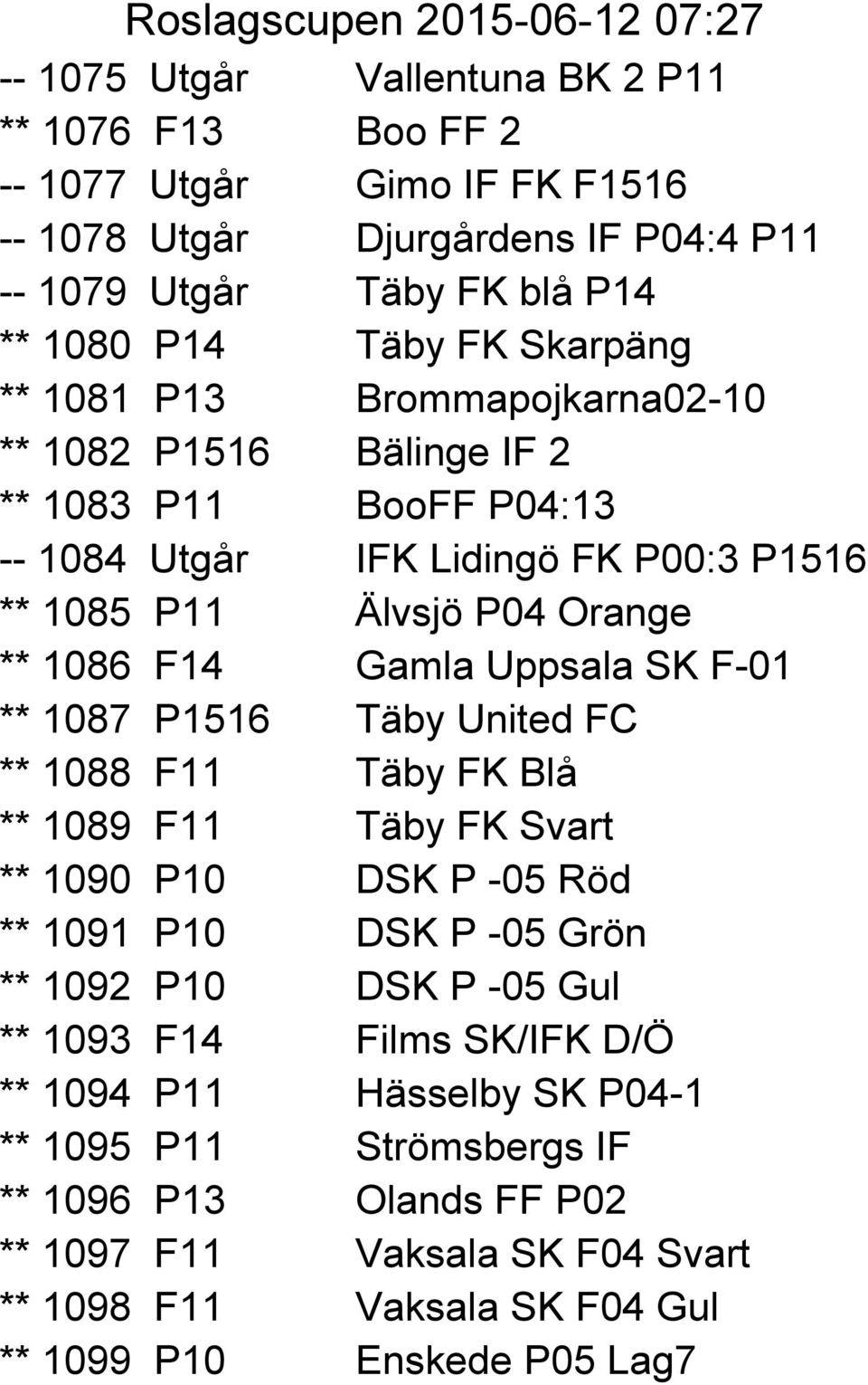 F-01 ** 1087 P1516 Täby United FC ** 1088 F11 Täby FK Blå ** 1089 F11 Täby FK Svart ** 1090 P10 DSK P -05 Röd ** 1091 P10 DSK P -05 Grön ** 1092 P10 DSK P -05 Gul ** 1093 F14 Films