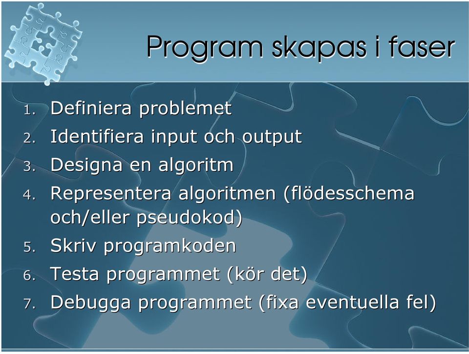 Representera algoritmen (flödesschema och/eller pseudokod) 5.