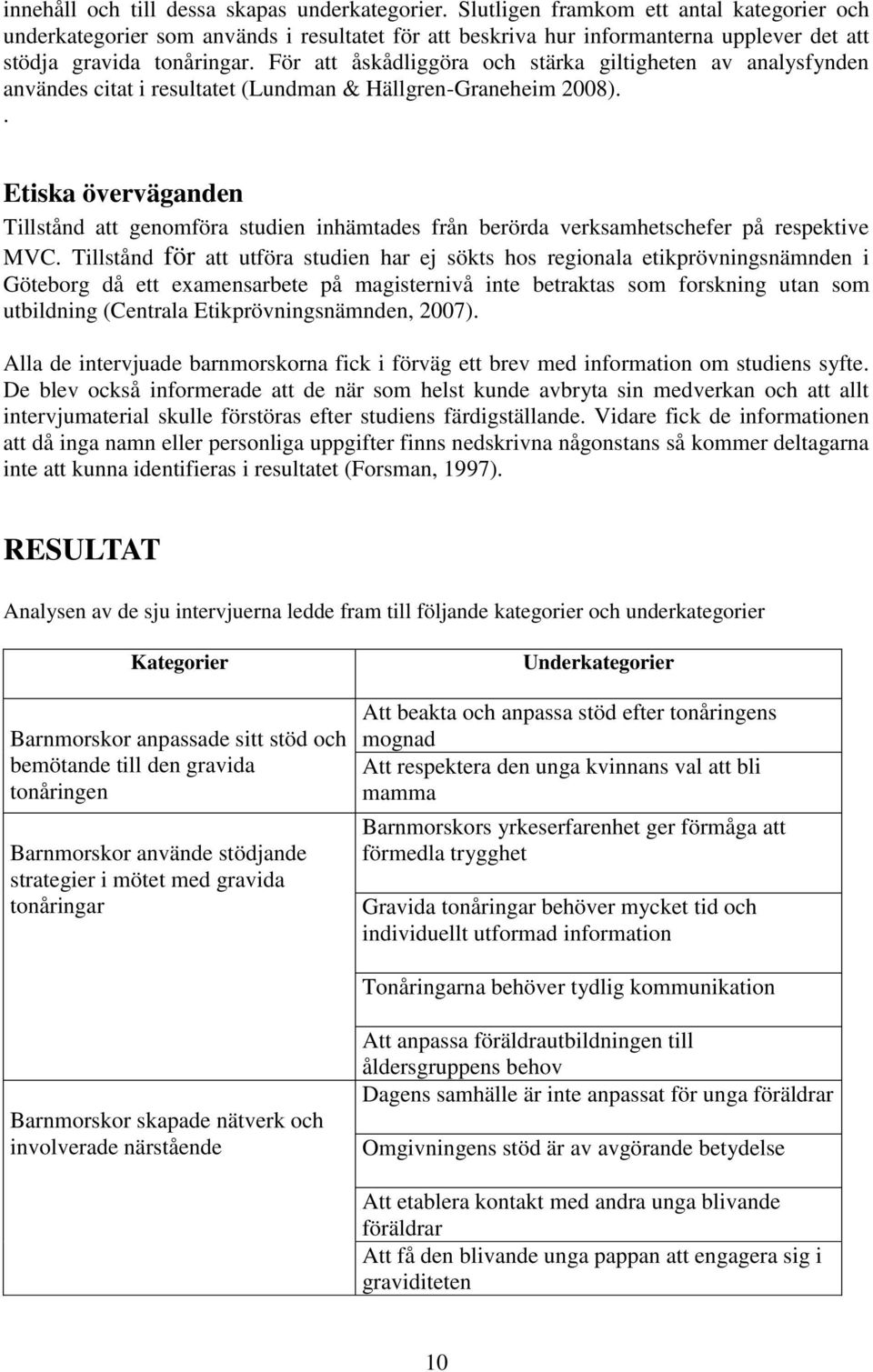 För att åskådliggöra och stärka giltigheten av analysfynden användes citat i resultatet (Lundman & Hällgren-Graneheim 2008).