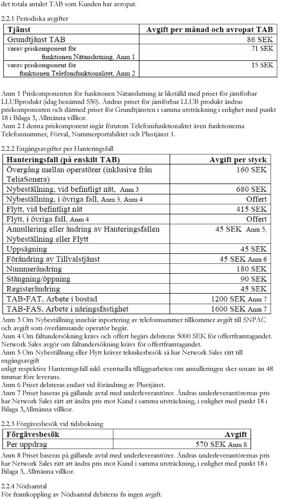 Anm 2 I denna priskomponent ingår förutom Telefonifunktionalitet även funktionerna Telefonnummer, Förval, Nummerportabilitet och Plustjänst 1. 2.2.2 Engångsavgifter per Hanteringsfall Anm 3 Om Nybeställning innebär inportering av telefonnummer tillkommer avgift till SNPAC och avgift som överlämnande operatör begär.