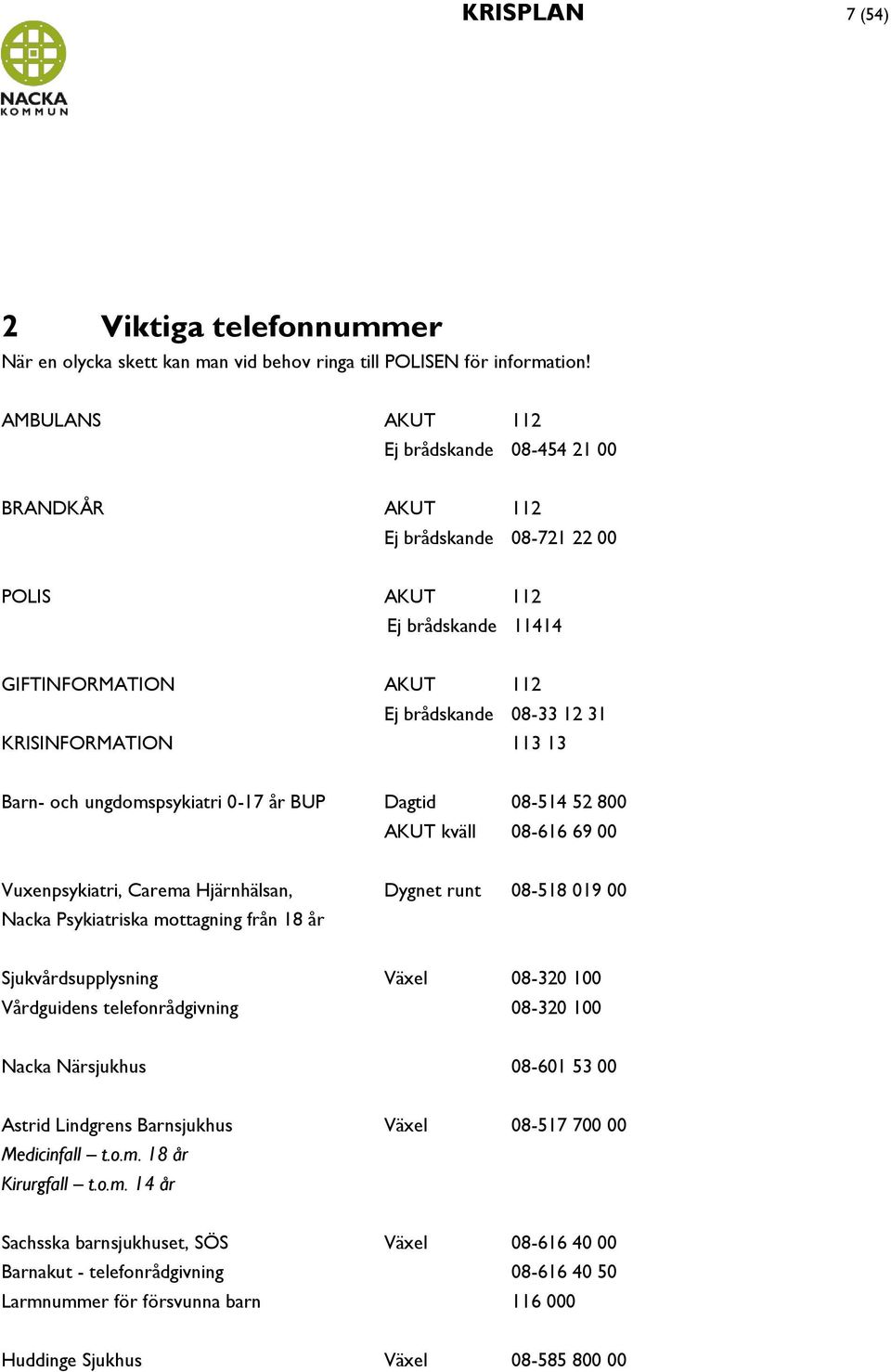 Barn- och ungdomspsykiatri 0-17 år BUP Dagtid 08-514 52 800 AKUT kväll 08-616 69 00 Vuxenpsykiatri, Carema Hjärnhälsan, Dygnet runt 08-518 019 00 Nacka Psykiatriska mottagning från 18 år