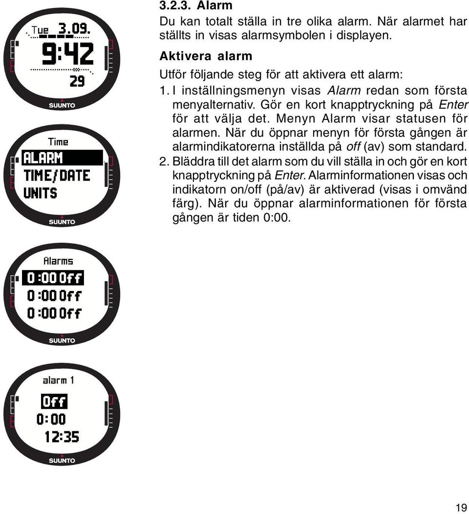Gör en kort knapptryckning på Enter för att välja det. Menyn Alarm visar statusen för alarmen.