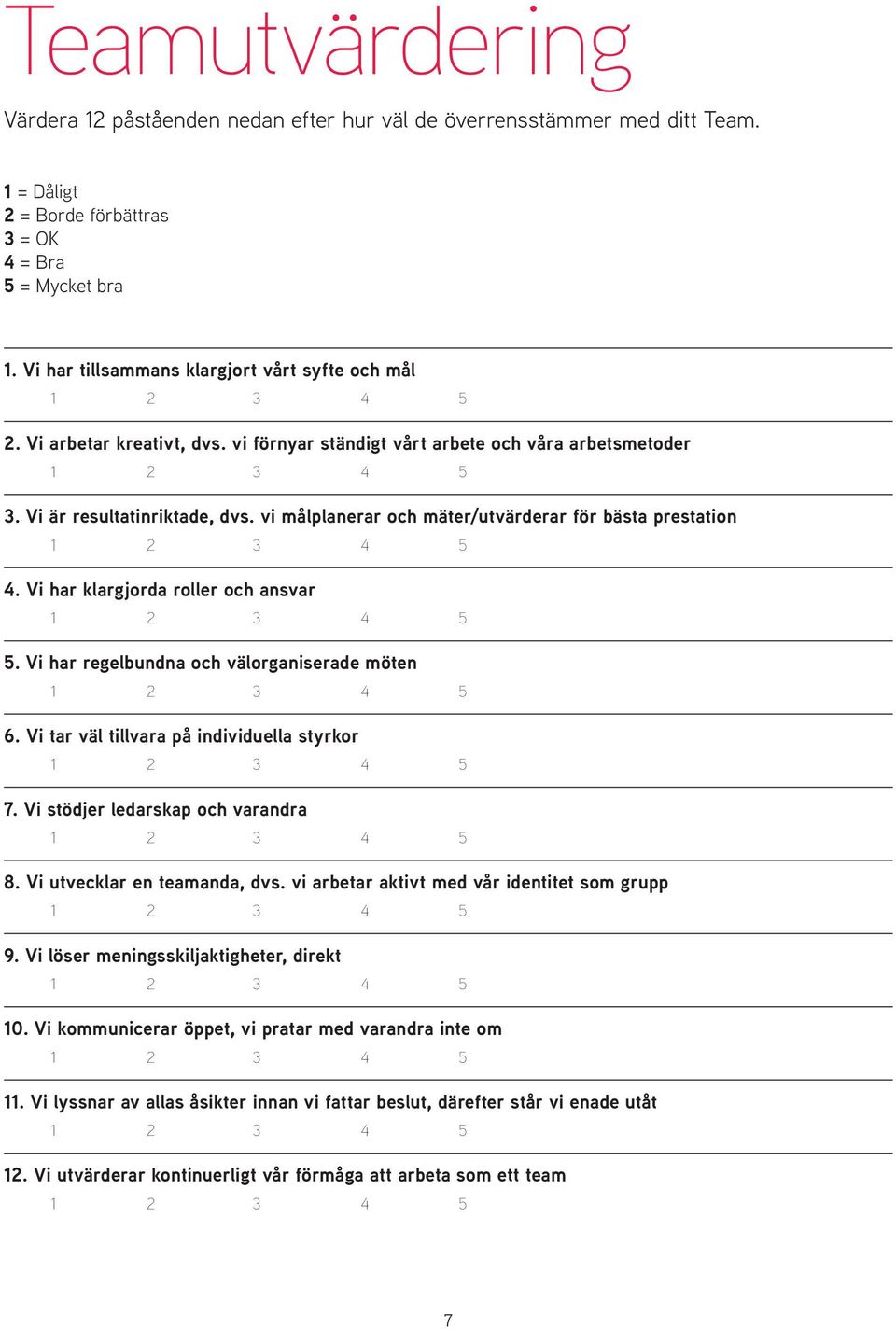 vi målplanerar och mäter/utvärderar för bästa prestation 4. Vi har klargjorda roller och ansvar 5. Vi har regelbundna och välorganiserade möten 6. Vi tar väl tillvara på individuella styrkor 7.