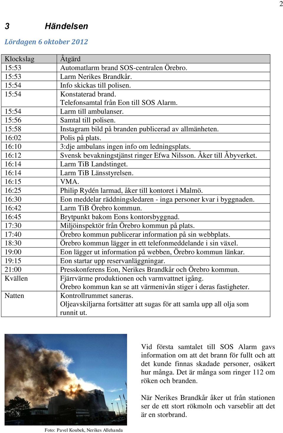 16:10 3:dje ambulans ingen info om ledningsplats. 16:12 Svensk bevakningstjänst ringer Efwa Nilsson. Åker till Åbyverket. 16:14 Larm TiB Landstinget. 16:14 Larm TiB Länsstyrelsen. 16:15 VMA.