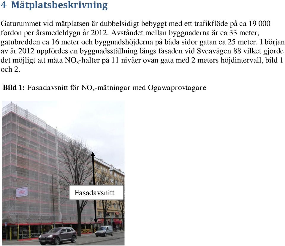 I början av år 2012 uppfördes en byggnadsställning längs fasaden vid Sveavägen 88 vilket gjorde det möjligt att mäta NO x -halter på