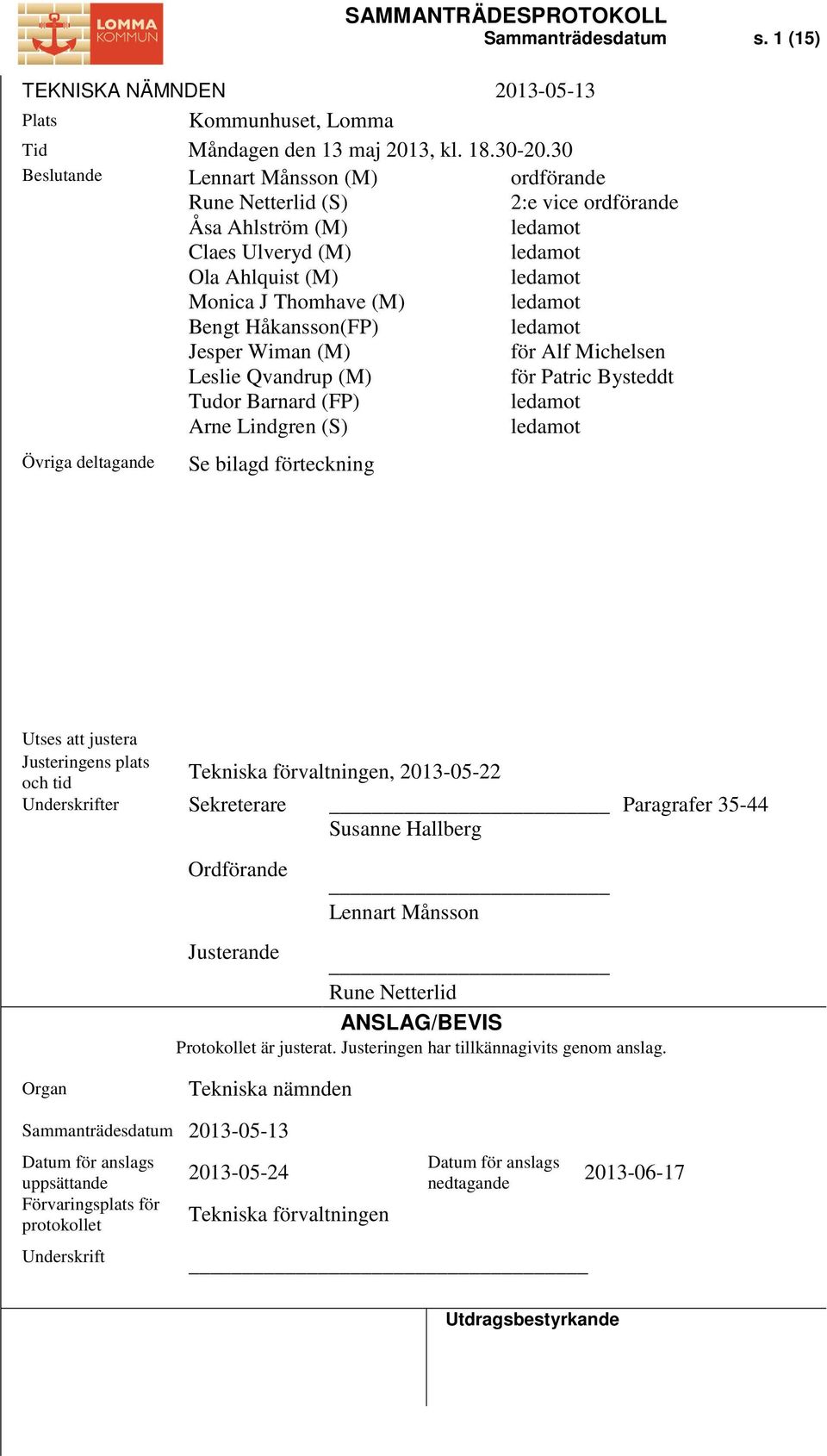 (FP) Arne Lindgren (S) ordförande 2:e vice ordförande ledamot ledamot ledamot ledamot ledamot för Alf Michelsen för Patric Bysteddt ledamot ledamot Övriga deltagande Se bilagd förteckning Utses att