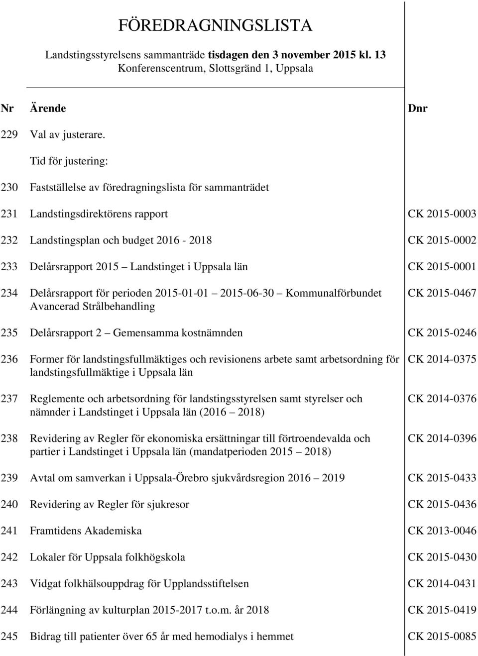 Landstinget i Uppsala län CK 2015-0001 234 Delårsrapport för perioden 2015-01-01 2015-06-30 Kommunalförbundet Avancerad Strålbehandling CK 2015-0467 235 Delårsrapport 2 Gemensamma kostnämnden CK