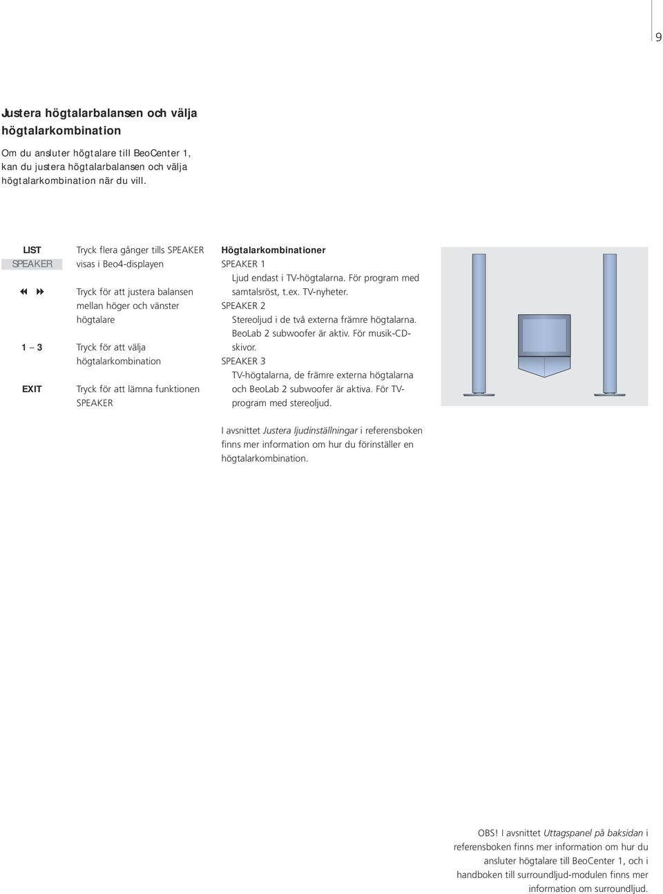 SPEAKER Högtalarkombinationer SPEAKER 1 Ljud endast i TV-högtalarna För program med samtalsröst, tex TV-nyheter SPEAKER 2 Stereoljud i de två externa främre högtalarna BeoLab 2 subwoofer är aktiv För