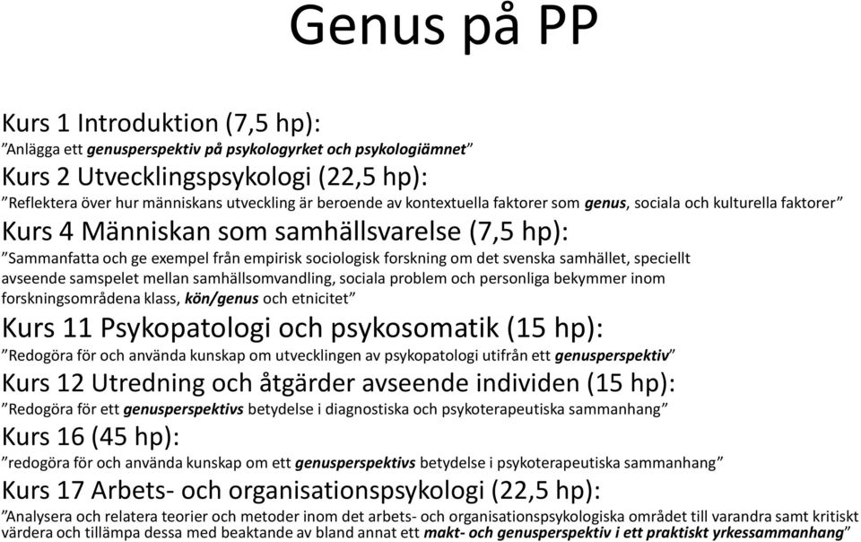 speciellt avseende samspelet mellan samhällsomvandling, sociala problem och personliga bekymmer inom forskningsområdena klass, kön/genus och etnicitet Kurs 11 Psykopatologi och psykosomatik ():