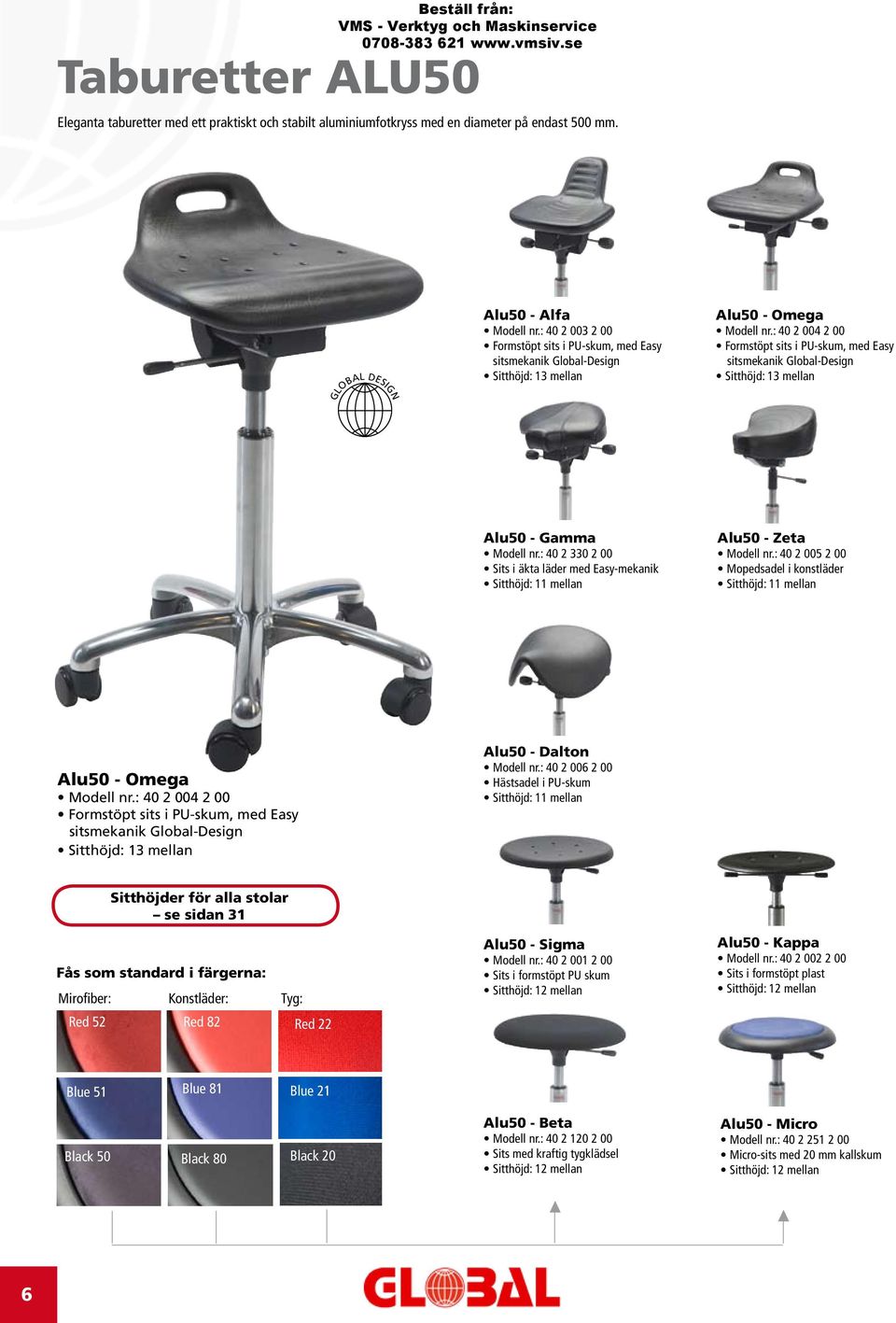 : 40 2 004 2 00 Formstöpt sits i PU-skum, med Easy sitsmekanik Global-Design Sitthöjd: 13 mellan GLOBAL DESIGNGN REGISTRATED DESIGN Alu50 - Gamma Modell nr.