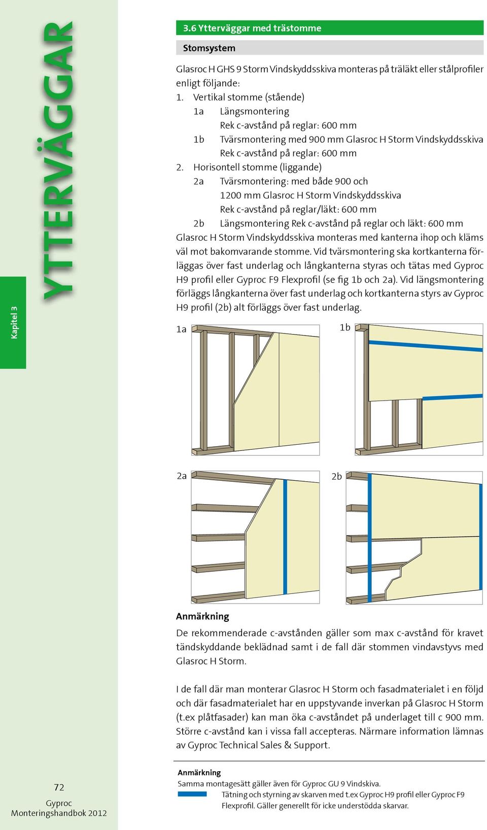 Horisontell stomme (liggande) 2a Tvärsmontering: med både 900 och 1200 mm Glasroc H Storm Vindskyddsskiva Rek c-avstånd på reglar/läkt: 600 mm 2b Längsmontering Rek c-avstånd på reglar och läkt: 600