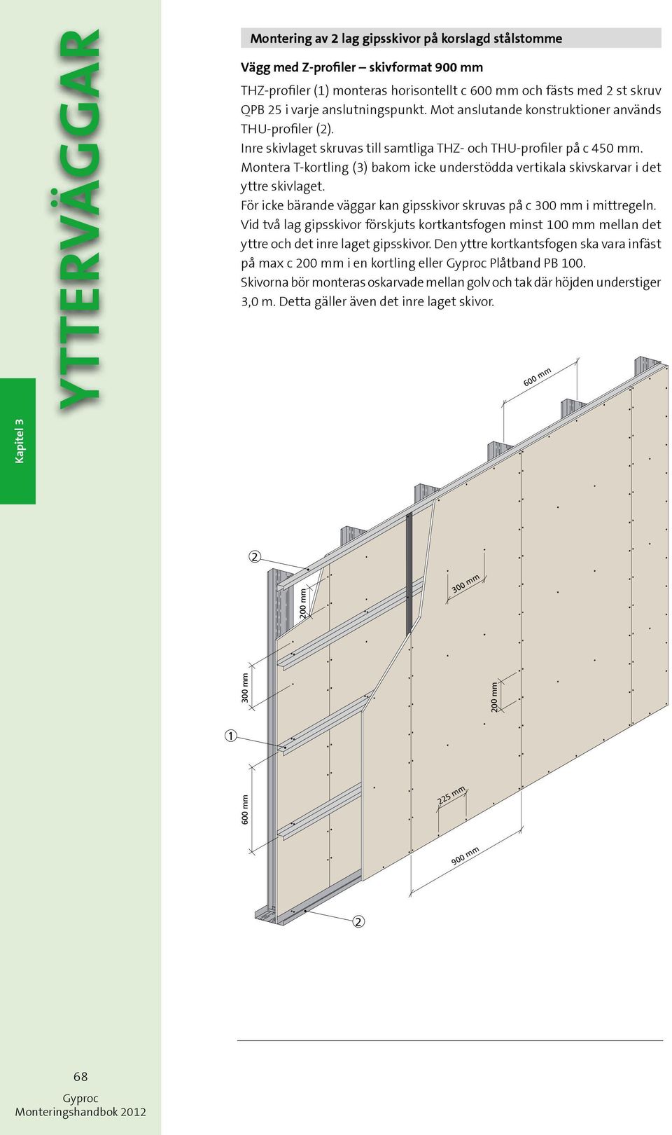 Montera T-kortling (3) bakom icke understödda vertikala skivskarvar i det yttre skivlaget. För icke bärande väggar kan gipsskivor skruvas på c 300 mm i mittregeln.