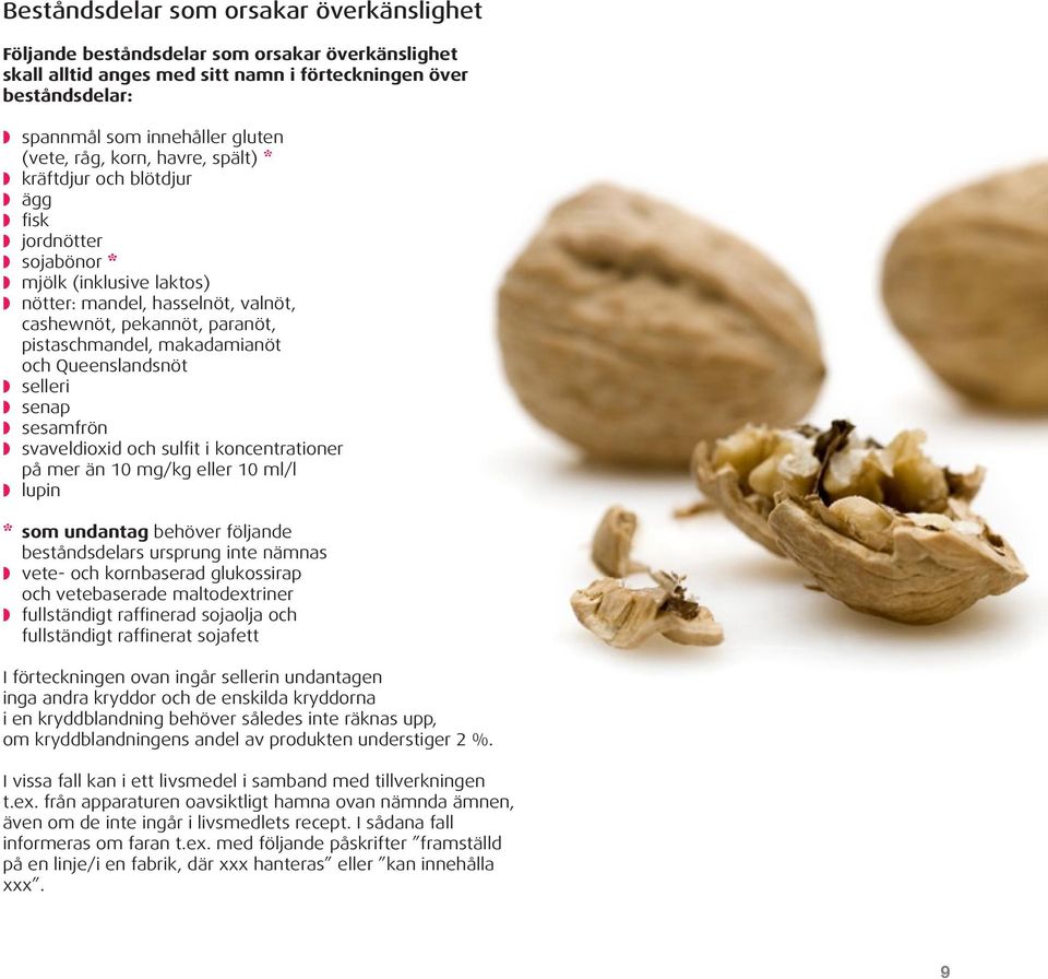 pistaschmandel, makadamianöt och Queenslandsnöt w selleri w senap w sesamfrön w svaveldioxid och sulfit i koncentrationer på mer än 10 mg/kg eller 10 ml/l w lupin * som undantag behöver följande