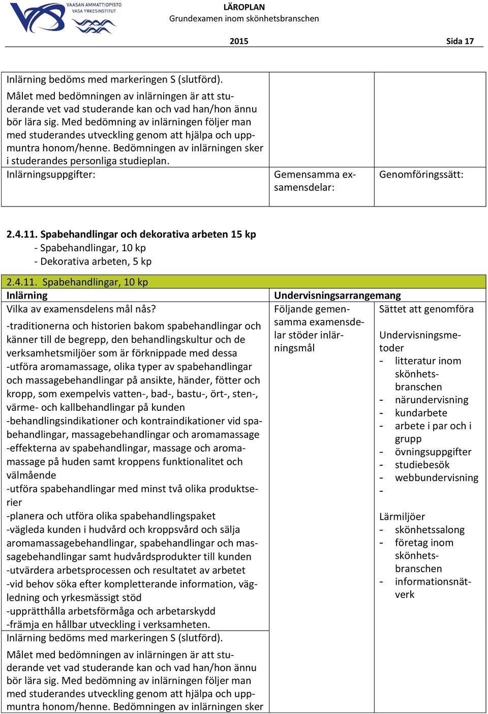 suppgifter: Gemensamma exsamensdelar: Genomföringssätt: 2.4.11. Spabehandlingar och dekorativa arbeten 15 kp - Spabehandlingar, 10 kp - Dekorativa arbeten, 5 kp 2.4.11. Spabehandlingar, 10 kp Vilka av examensdelens mål nås?