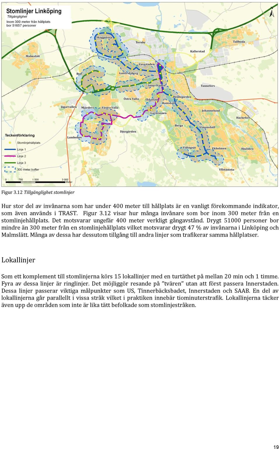 Drygt 51000 personer bor mindre än 300 meter från en stomlinjehållplats vilket motsvarar drygt 47 % av invånarna i Linköping och Malmslätt.