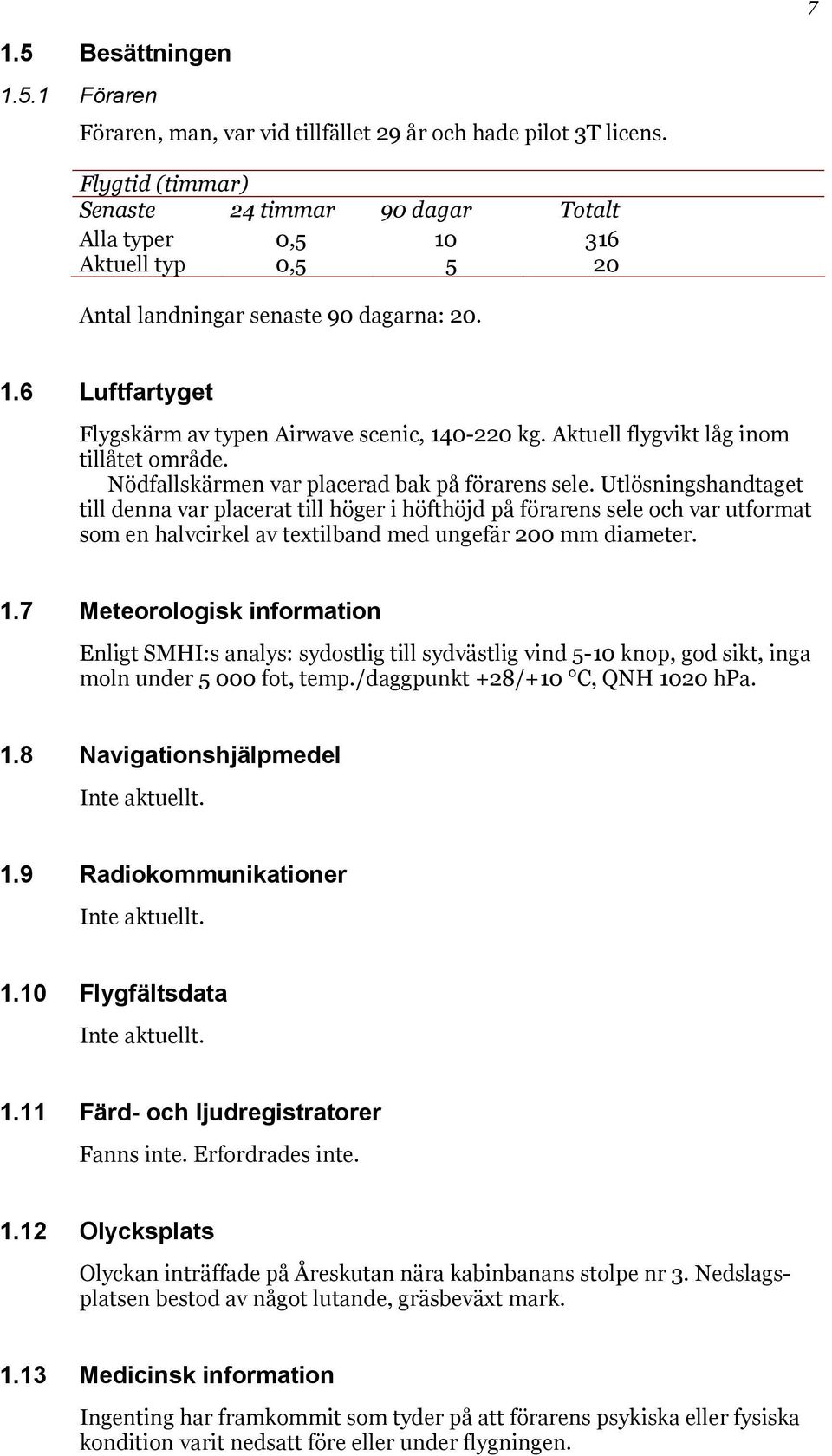 Aktuell flygvikt låg inom tillåtet område. Nödfallskärmen var placerad bak på förarens sele.