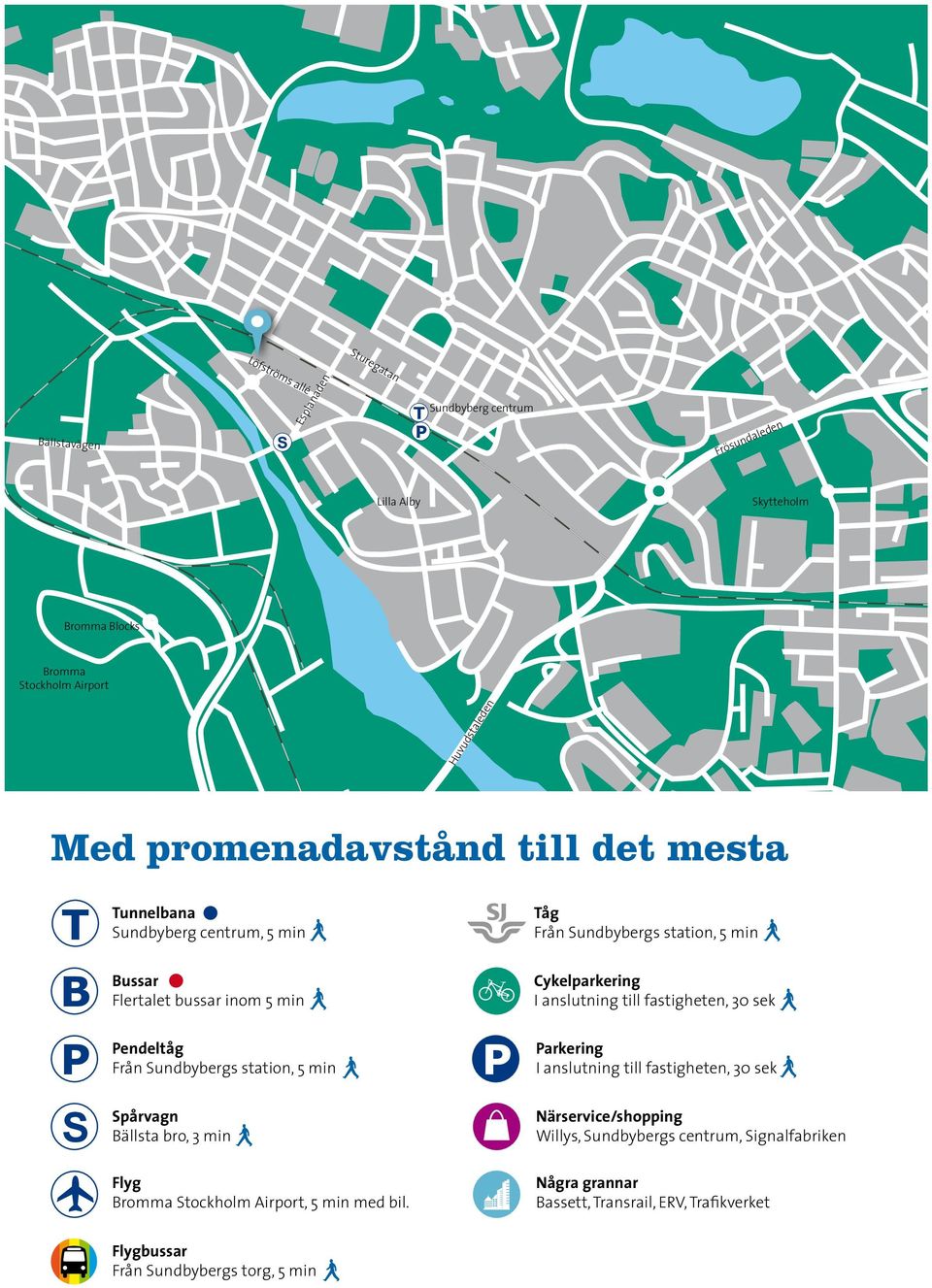 Sundbybergs station, 5 min Spårvagn Bällsta bro, 3 min Flyg Bromma Stockholm Airport, 5 min med bil.