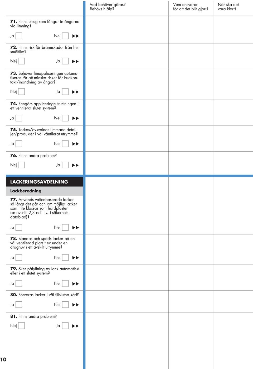 Torkas/avsvalnas limmade detaljer/produkter i väl väntilerat utrymme? 76. Finns andra problem? LACKERINGSAVDELNING Lackberedning 77.