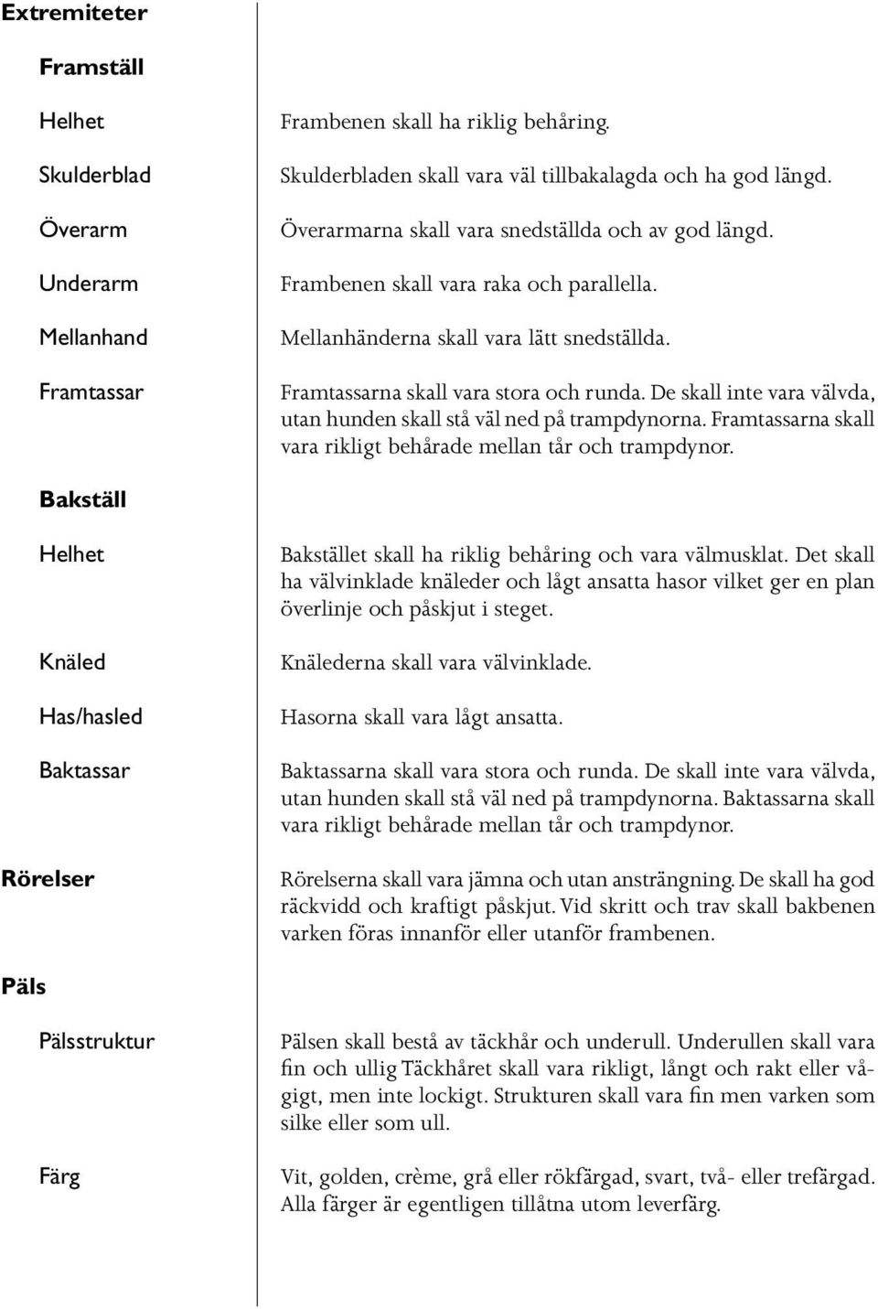 De skall inte vara välvda, utan hunden skall stå väl ned på trampdynorna. Framtassarna skall vara rikligt behårade mellan tår och trampdynor.