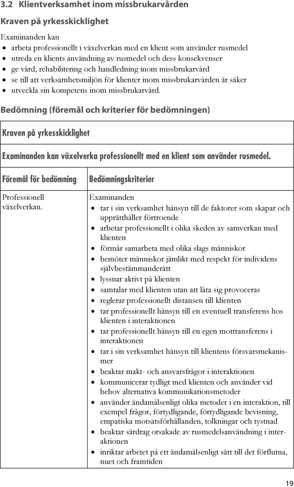 Bedömning (föremål och kriterier för bedömningen) Kraven på yrkesskicklighet kan växelverka professionellt med en klient som använder rusmedel. Föremål för bedömning Professionell växelverkan.