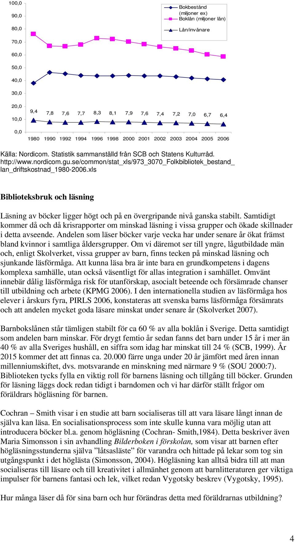 se/common/stat_xls/973_3070_folkbibliotek_bestand_ lan_driftskostnad_1980-2006.xls Biblioteksbruk och läsning Läsning av böcker ligger högt och på en övergripande nivå ganska stabilt.