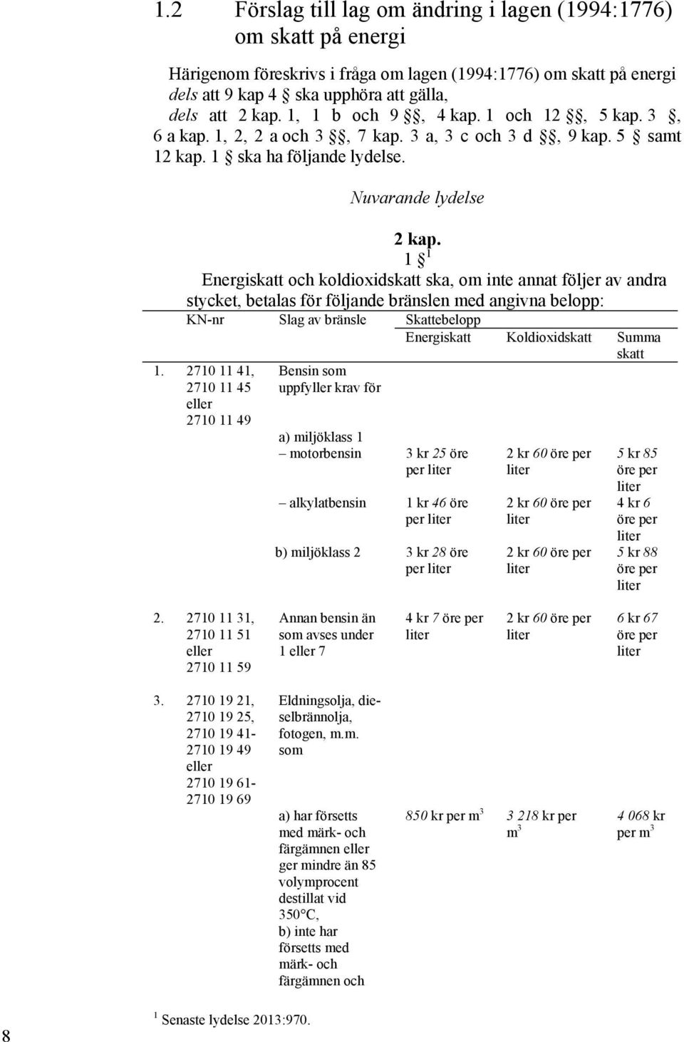 1 1 Energiskatt och koldioxidskatt ska, om inte annat följer av andra stycket, betalas för följande bränslen med angivna belopp: KN-nr Slag av bränsle Skattebelopp Energiskatt Koldioxidskatt Summa 1.