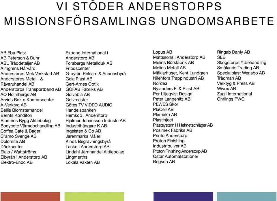 Cramo Sverige AB Dolomite AB Däckcenter Elajo / Wattströms Elbyrån i Anderstorp AB Elektro-Enoc AB Expand International i Anderstorp AB Forsbergs Metallduk AB Fritidscenter G-byrån Reklam &