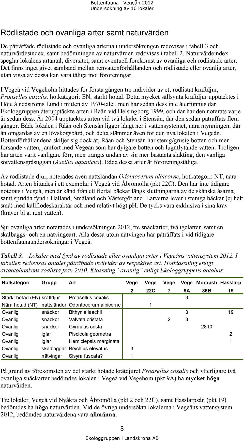 Det finns inget givet samband mellan renvattenförhållanden och rödlistade eller ovanlig arter, utan vissa av dessa kan vara tåliga mot föroreningar.