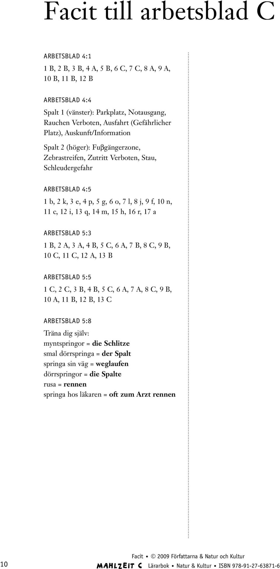 5: B, A, A, B, 5 C, 6 A, 7 B, 8 C, 9 B, 0 C, C, A, B Arbetsblad 5:5 C, C, B, B, 5 C, 6 A, 7 A, 8 C, 9 B, 0 A, B, B, C Arbetsblad 5:8 Träna dig själv: myntspringor = die Schlitze smal dörrspringa =