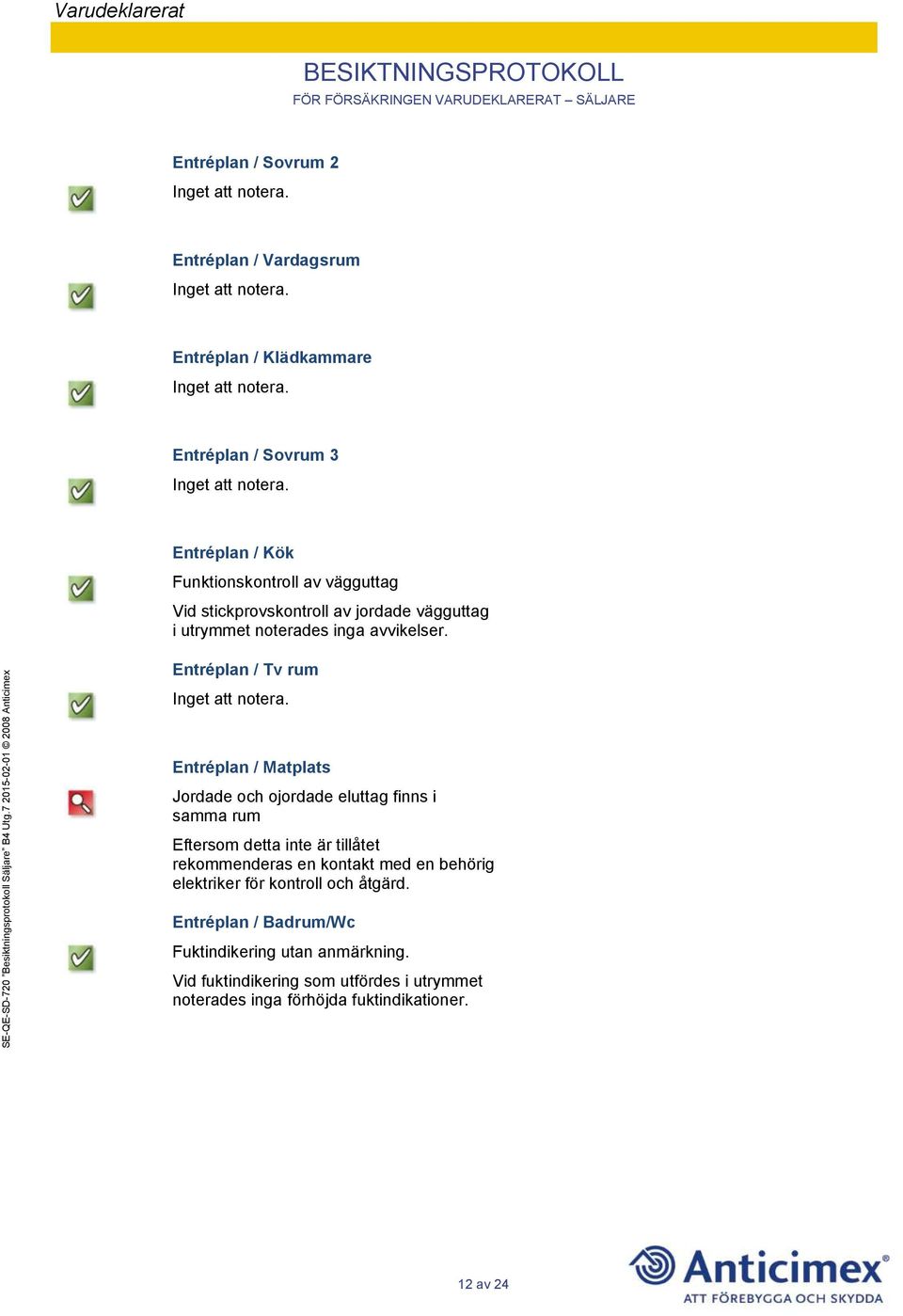 Entréplan / Tv rum Entréplan / Matplats Jordade och ojordade eluttag finns i samma rum Eftersom detta inte är tillåtet rekommenderas en