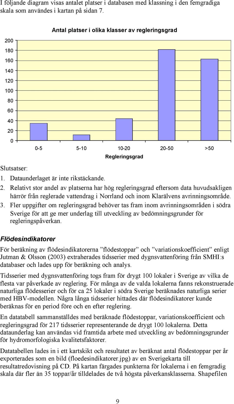 0 180 160 140 120 100 80 60 40 20 0 0-5 5-10 10-20 20-50 >50 Regleringsgrad Slutsatser: 1. Dataunderlaget är inte rikstäckande. 2. Relativt stor andel av platserna har hög regleringsgrad eftersom data huvudsakligen härrör från reglerade vattendrag i Norrland och inom Klarälvens avrinningsområde.