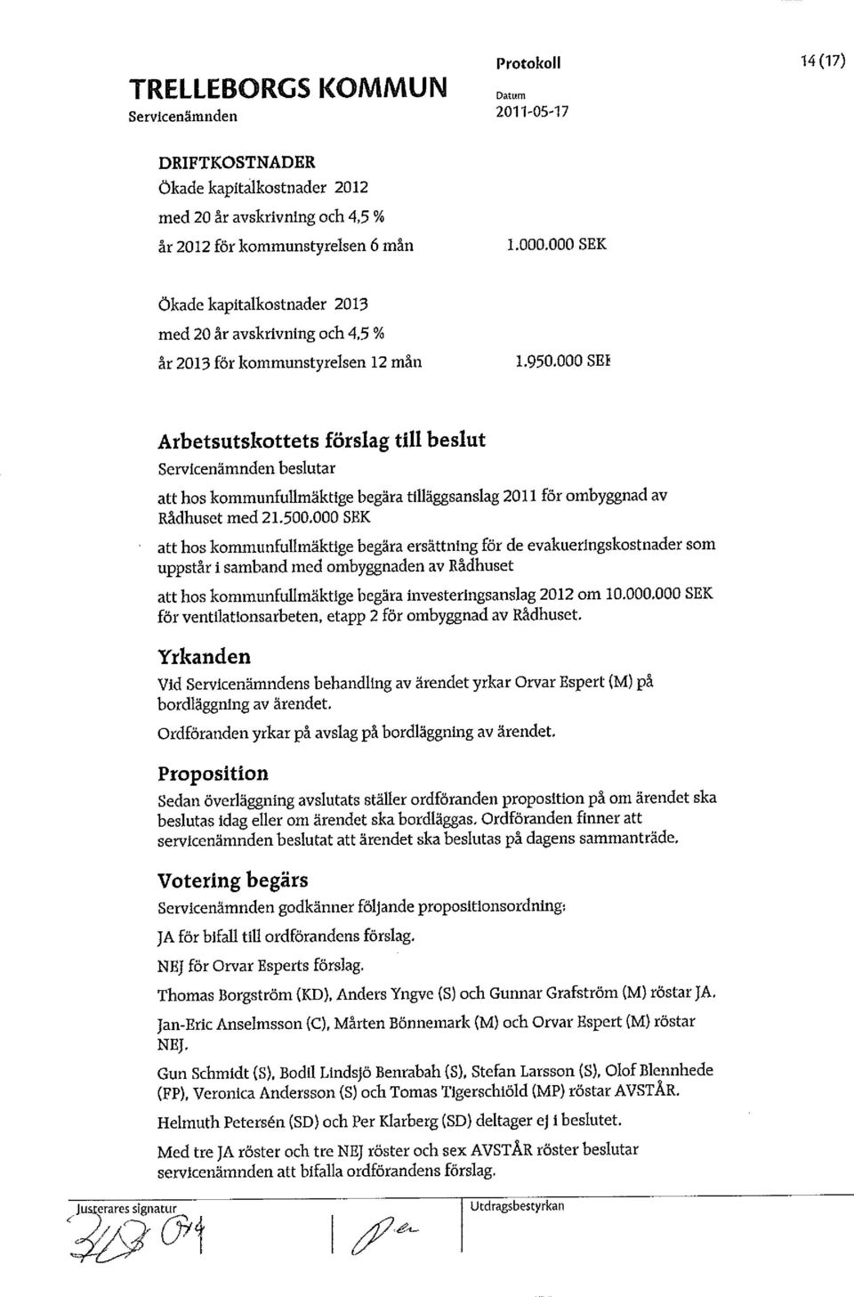 000 SEl Arbetsutskottets förslag till beslut att hos kommunfullmäktige begära tilläggsanslag 2011 för ombyggnad av Rådhuset med 21.500.