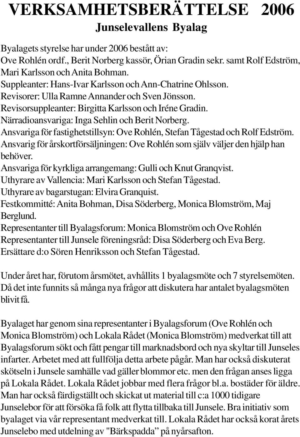 Revisorsuppleanter: Birgitta Karlsson och Iréne Gradin. Närradioansvariga: Inga Sehlin och Berit Norberg. Ansvariga för fastighetstillsyn: Ove Rohlén, Stefan Tågestad och Rolf Edström.