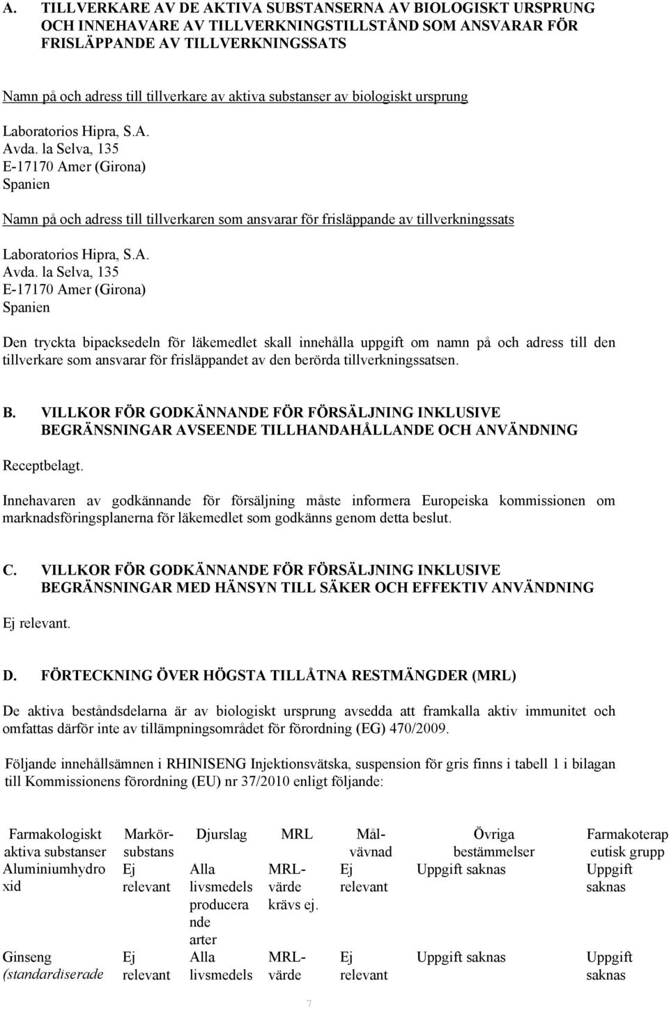 la Selva, 135 E-17170 Amer (Girona) Spanien Namn på och adress till tillverkaren som ansvarar för frisläppande av tillverkningssats Laboratorios Hipra, S.A. Avda.