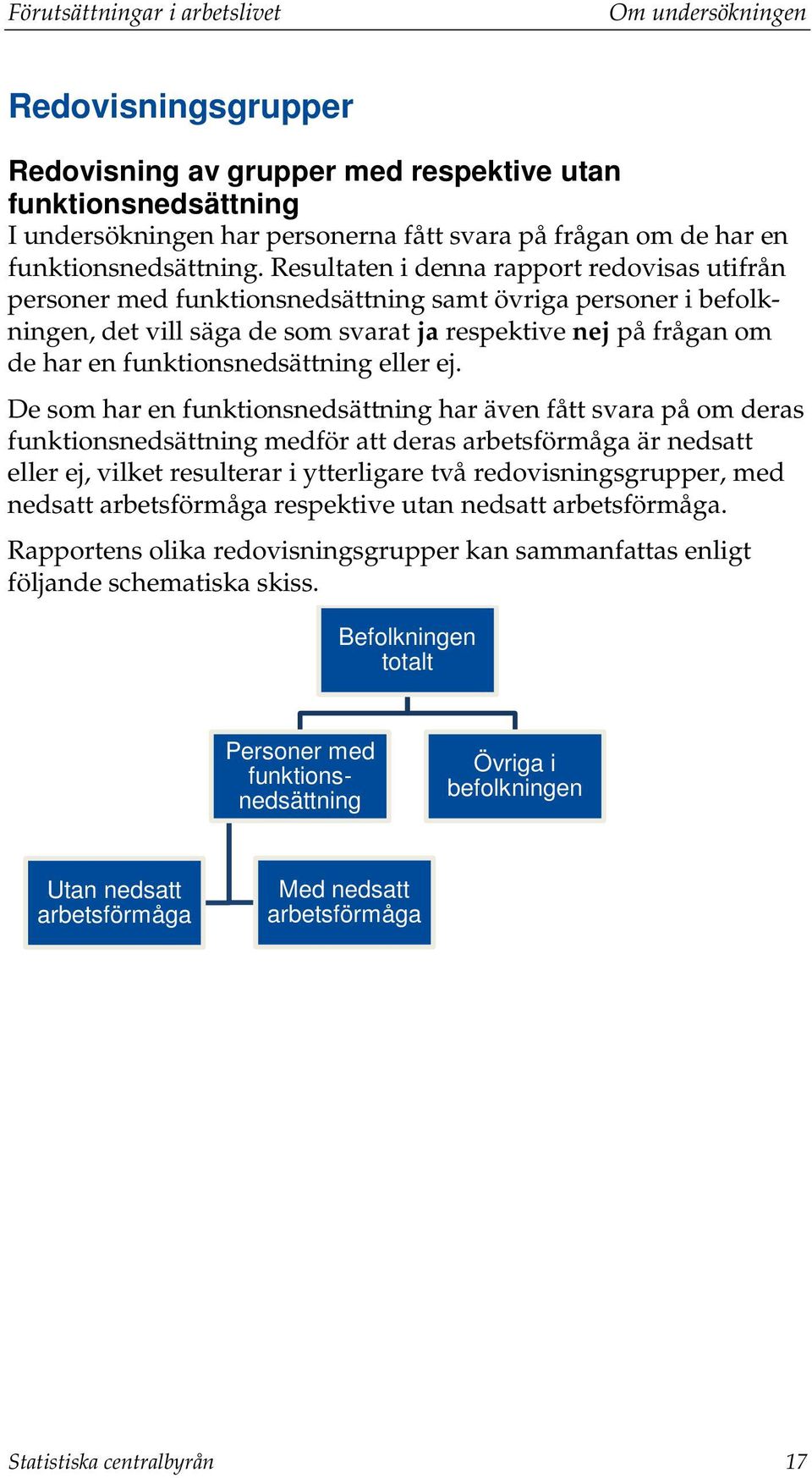 Resultaten i denna rapport redovisas utifrån personer med funktionsnedsättning samt övriga personer i befolkningen, det vill säga de som svarat ja respektive nej på frågan om de har en