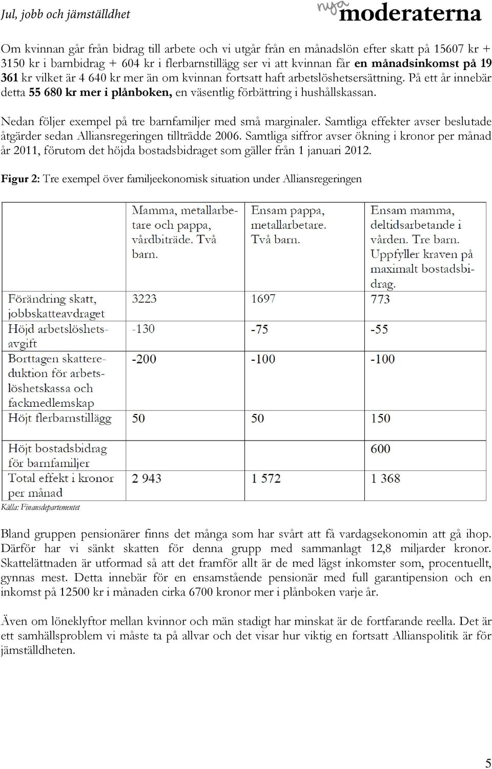 Nedan följer exempel på tre barnfamiljer med små marginaler. Samtliga effekter avser beslutade åtgärder sedan Alliansregeringen tillträdde 2006.