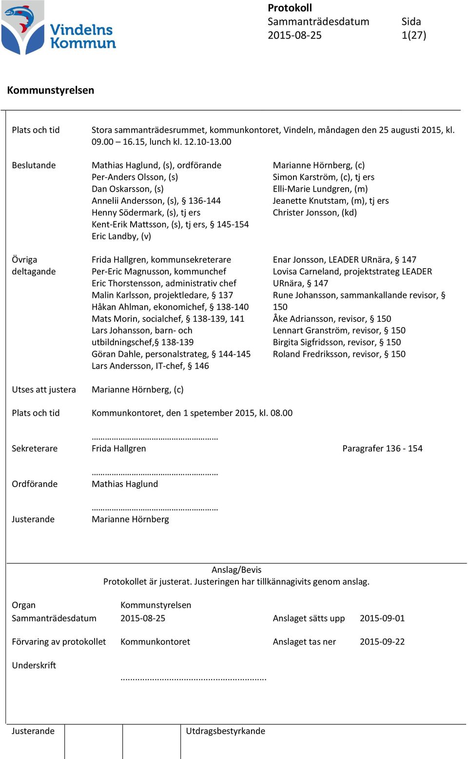 Jeanette Knutstam, (m), tj ers Henny Södermark, (s), tj ers Christer Jonsson, (kd) Kent-Erik Mattsson, (s), tj ers, 145-154 Eric Landby, (v) Övriga deltagande Utses att justera Frida Hallgren,