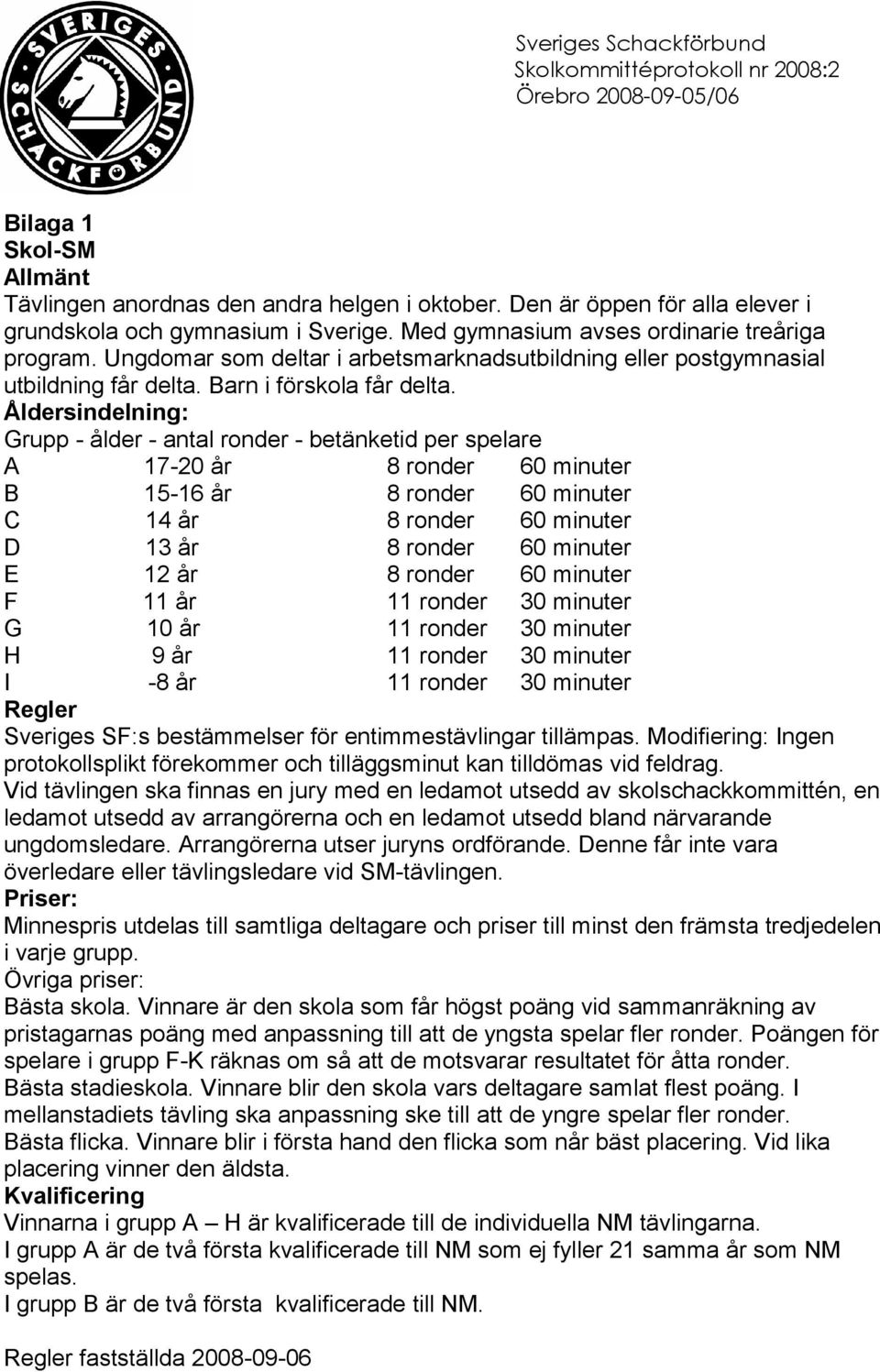 Åldersindelning: Grupp - ålder - antal ronder - betänketid per spelare A 17-20 år 8 ronder 60 minuter B 15-16 år 8 ronder 60 minuter C 14 år 8 ronder 60 minuter D 13 år 8 ronder 60 minuter E 12 år 8