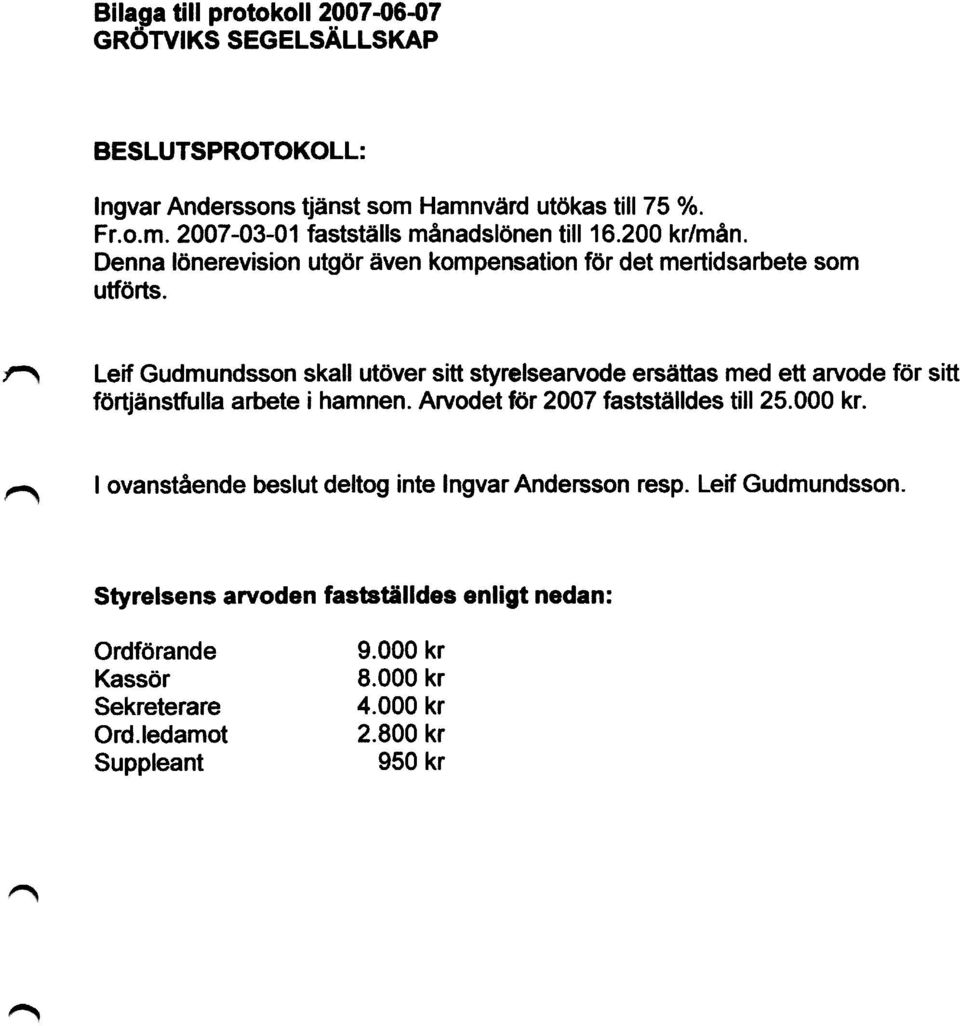 Leif Gudmundsson skall utöver sitt styrelsearvode ersättas med ett arvode för sitt förtjänstfulla arbete i hamnen. Arvodet för 2007 fastställdes till 25.000 kr.