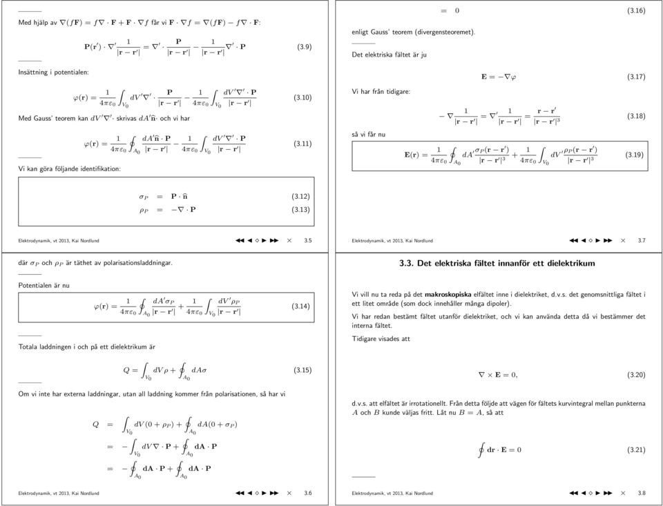 11) Vi har från tidigare: så vi får nu E = ϕ (3.17) 1 r r = 1 r r = r r r r 3 (3.18) E(r) = 1 da σ P (r r ) + 1 A 0 r r 3 ) ρ P (r r (3.19) V 0 r r 3 σ P = P n (3.12) ρ P = P (3.