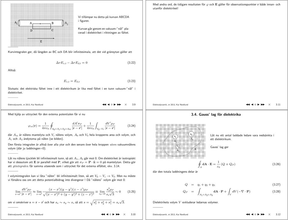 Kurvintegralen ger, då längden av BC och DA blir infinitesimala, att det vid gränsytan gäller att Alltså: re v,t re d,t = 0 (3.22) E v,t = E d,t (3.