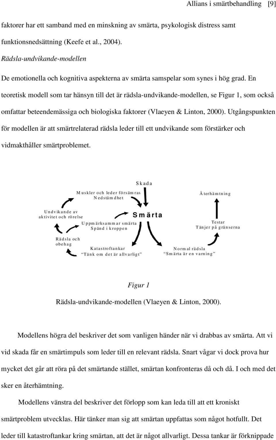 En teoretisk modell som tar hänsyn till det är rädsla-undvikande-modellen, se Figur 1, som också omfattar beteendemässiga och biologiska faktorer (Vlaeyen & Linton, 2000).