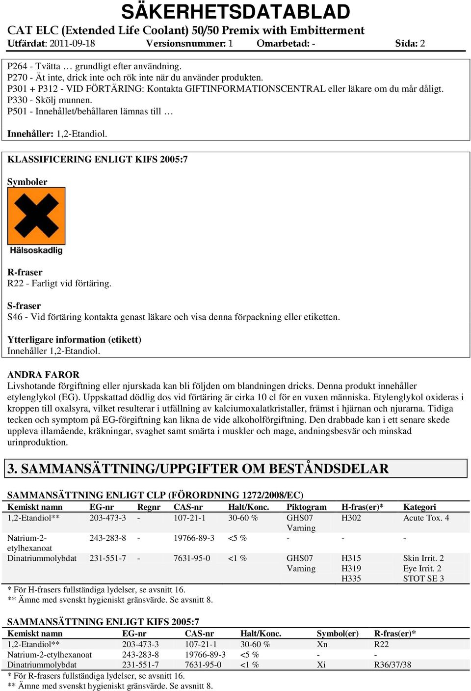 KLASSIFICERING ENLIGT KIFS 2005:7 Symboler Rfraser R22 Farligt vid förtäring. Sfraser S46 Vid förtäring kontakta genast läkare och visa denna förpackning eller etiketten.