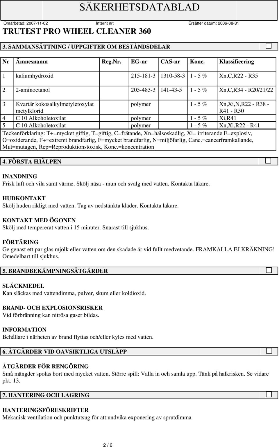 Xn,Xi,N,R22 - R38 - R41 - R50 4 C 10 Alkoholetoxilat polymer 1-5 % Xi,R41 5 C 10 Alkoholetoxilat polymer 1-5 % Xn,Xi,R22 - R41 Teckenförklaring: T+=mycket giftig, T=giftig, C=frätande,