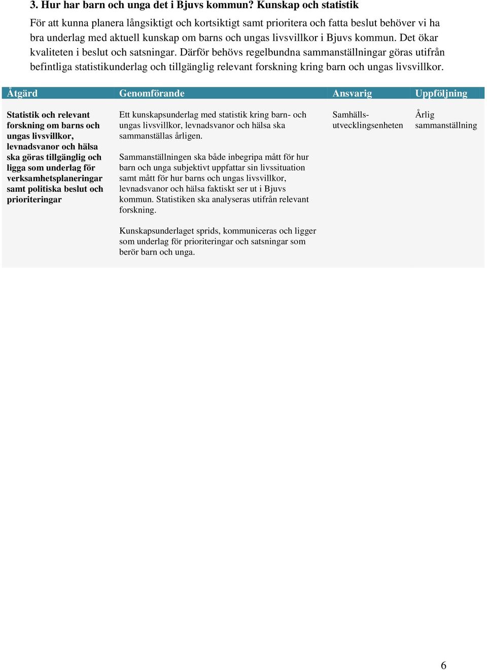 Det ökar kvaliteten i beslut och satsningar. Därför behövs regelbundna sammanställningar göras utifrån befintliga statistikunderlag och tillgänglig relevant forskning kring barn och ungas livsvillkor.