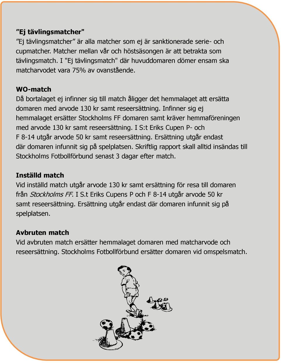 WO-match Då bortalaget ej infinner sig till match åligger det hemmalaget att ersätta domaren med arvode 130 kr samt reseersättning.